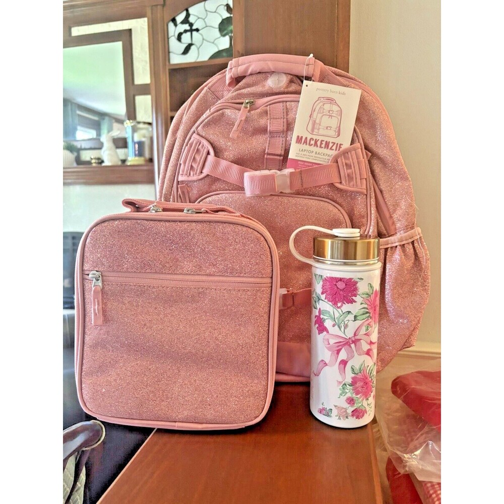 School Pottery barn kids LARGE BACKPACK LUNCH WATER Glitter Floral Bag Travel . - Picture 11 of 16